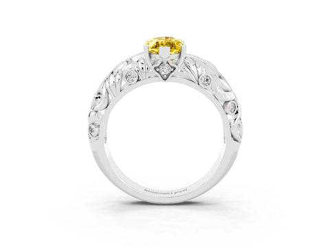 White gold Marquise Cut Solitaire Yellow Sapphire Leaf-Inspired Vine Band Ring with Prong Setting_27