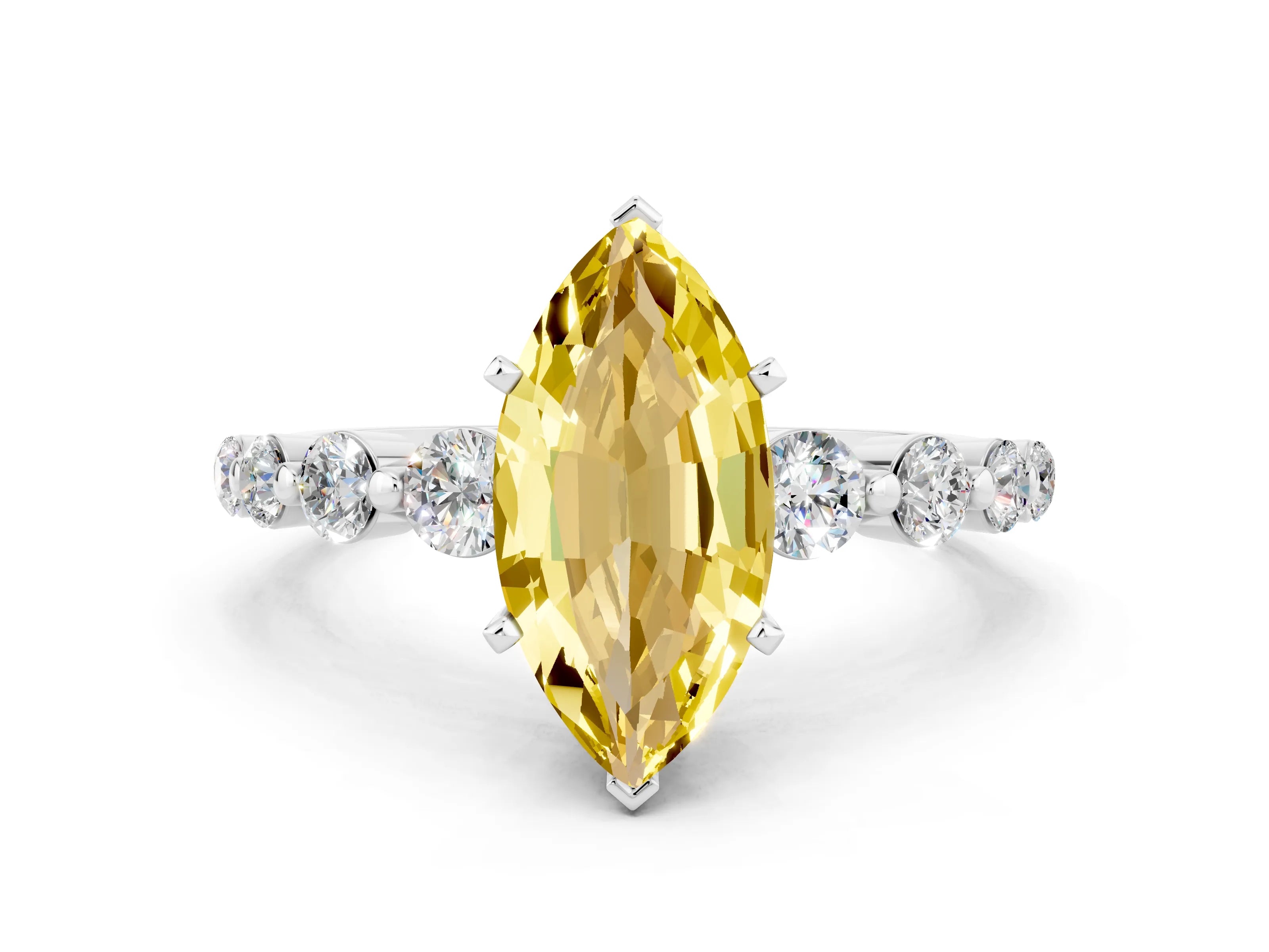 White gold Marquise Cut Solitaire Yellow Sapphire Ring with Pave Band and Four-Prong Setting_24
