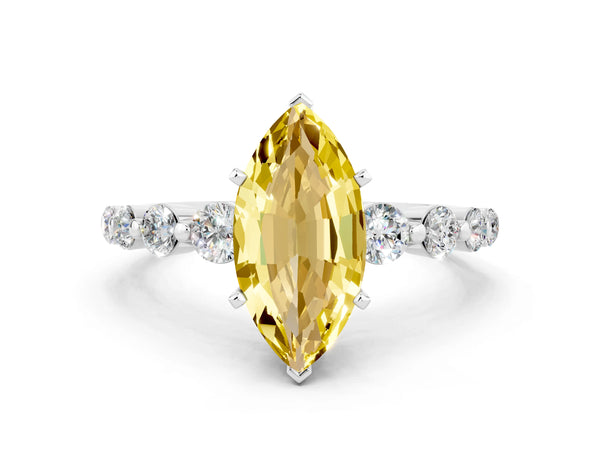 Silver Marquise Cut Solitaire Yellow Sapphire Ring with Pave Band and Four-Prong Setting