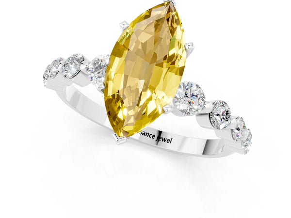Platinum Marquise Cut Solitaire Yellow Sapphire Ring with Pave Band and Four-Prong Setting