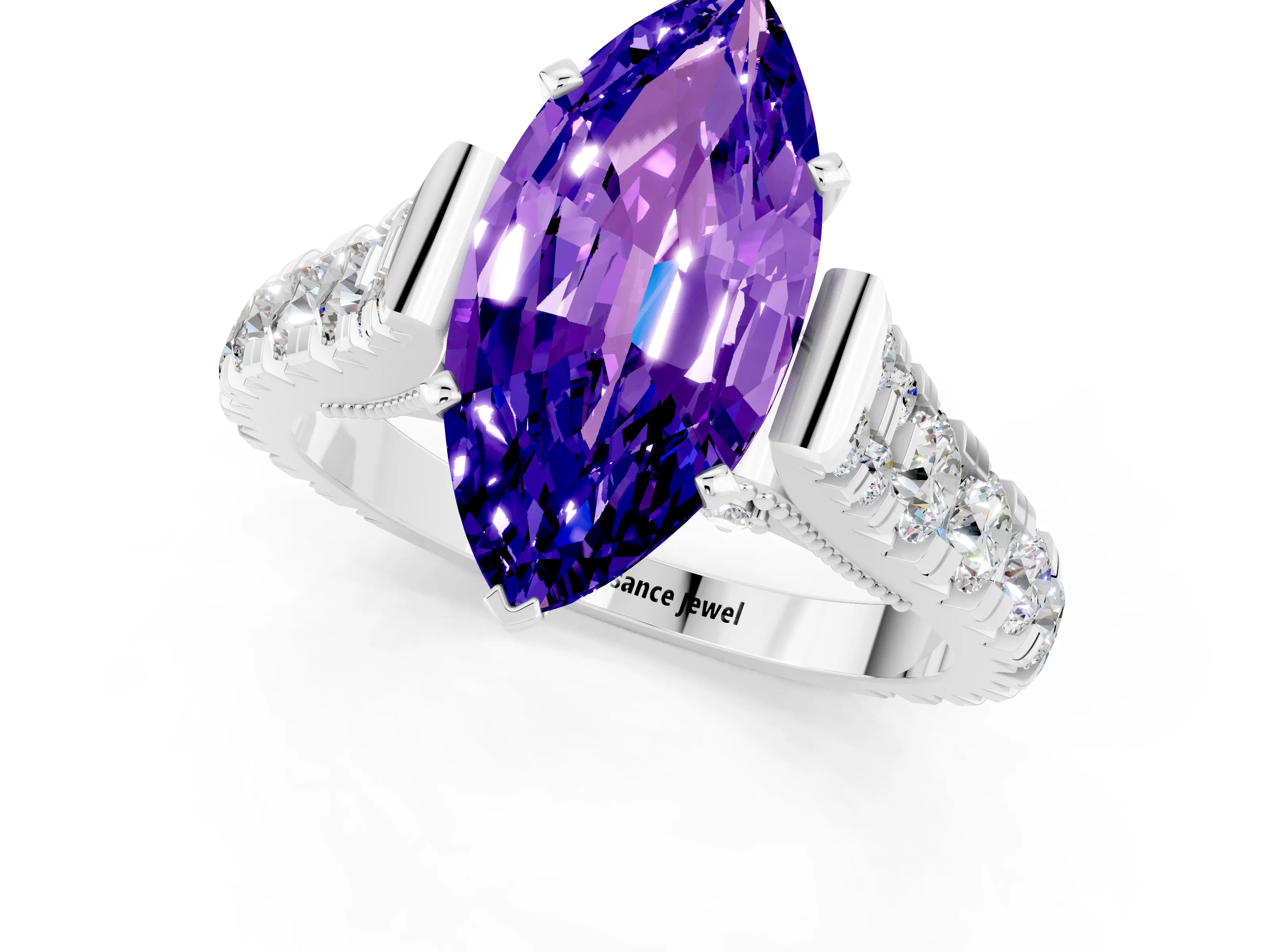 White gold Marquise Cut Tanzanite Classic Solitaire Ring with Pavé Band and Four-Prong Setting_1
