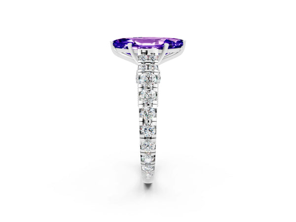 White gold Marquise Cut Tanzanite Classic Solitaire Ring with Pavé Band and Four-Prong Setting