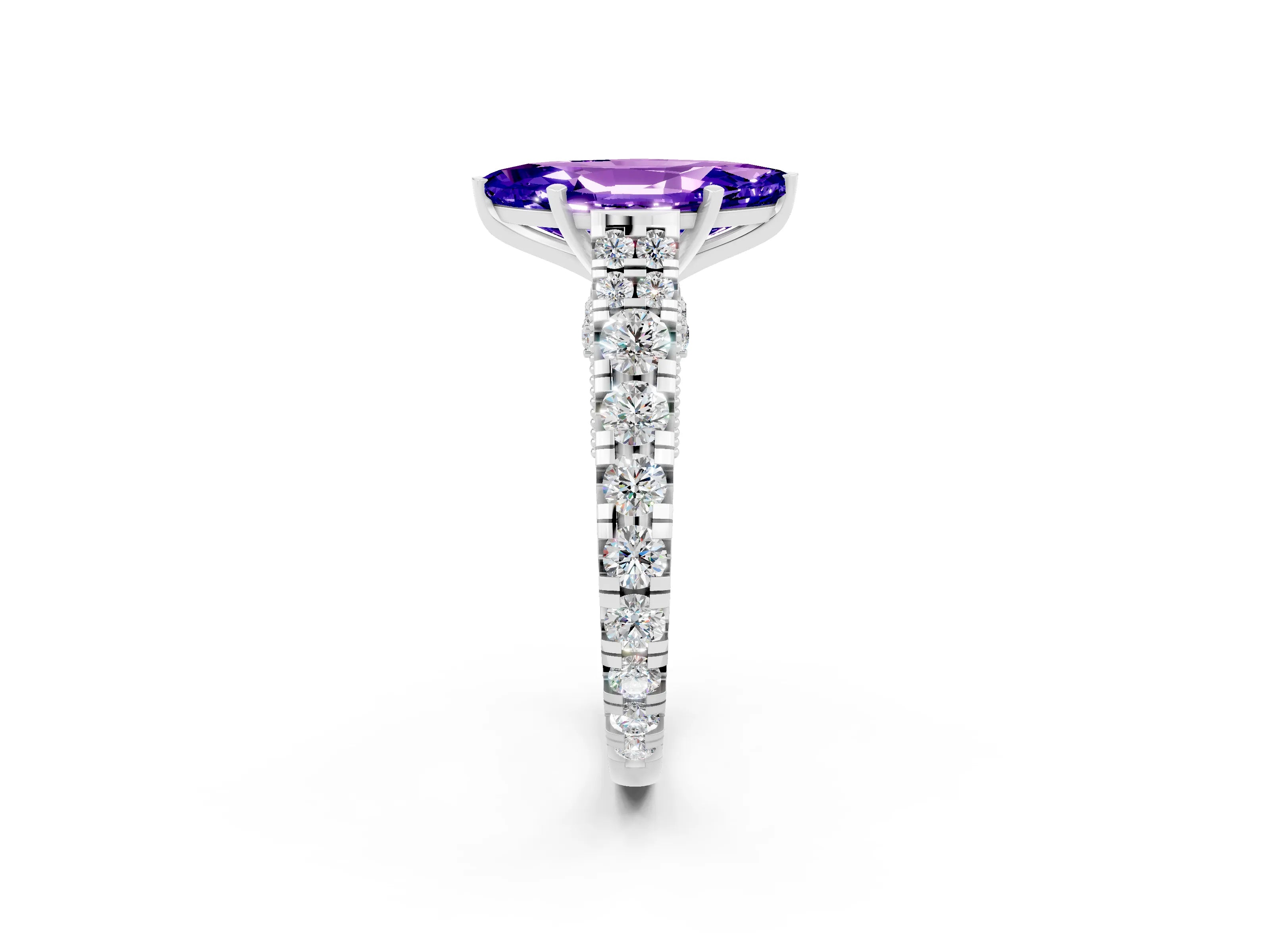 White gold Marquise Cut Tanzanite Classic Solitaire Ring with Pavé Band and Four-Prong Setting_2