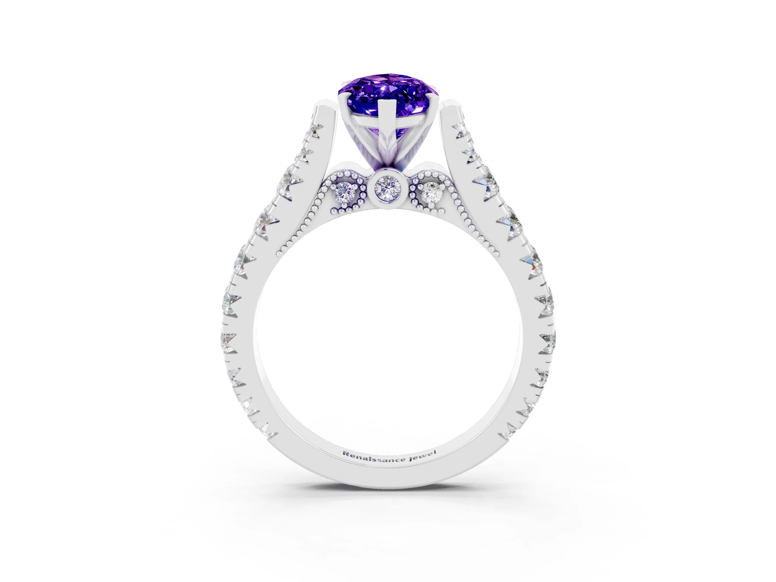 White gold Marquise Cut Tanzanite Classic Solitaire Ring with Pavé Band and Four-Prong Setting_3