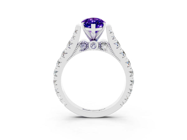 Silver Marquise Cut Tanzanite Classic Solitaire Ring with Pavé Band and Four-Prong Setting