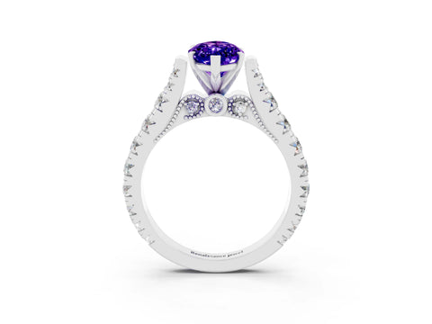 White gold Marquise Cut Tanzanite Classic Solitaire Ring with Pavé Band and Four-Prong Setting_3
