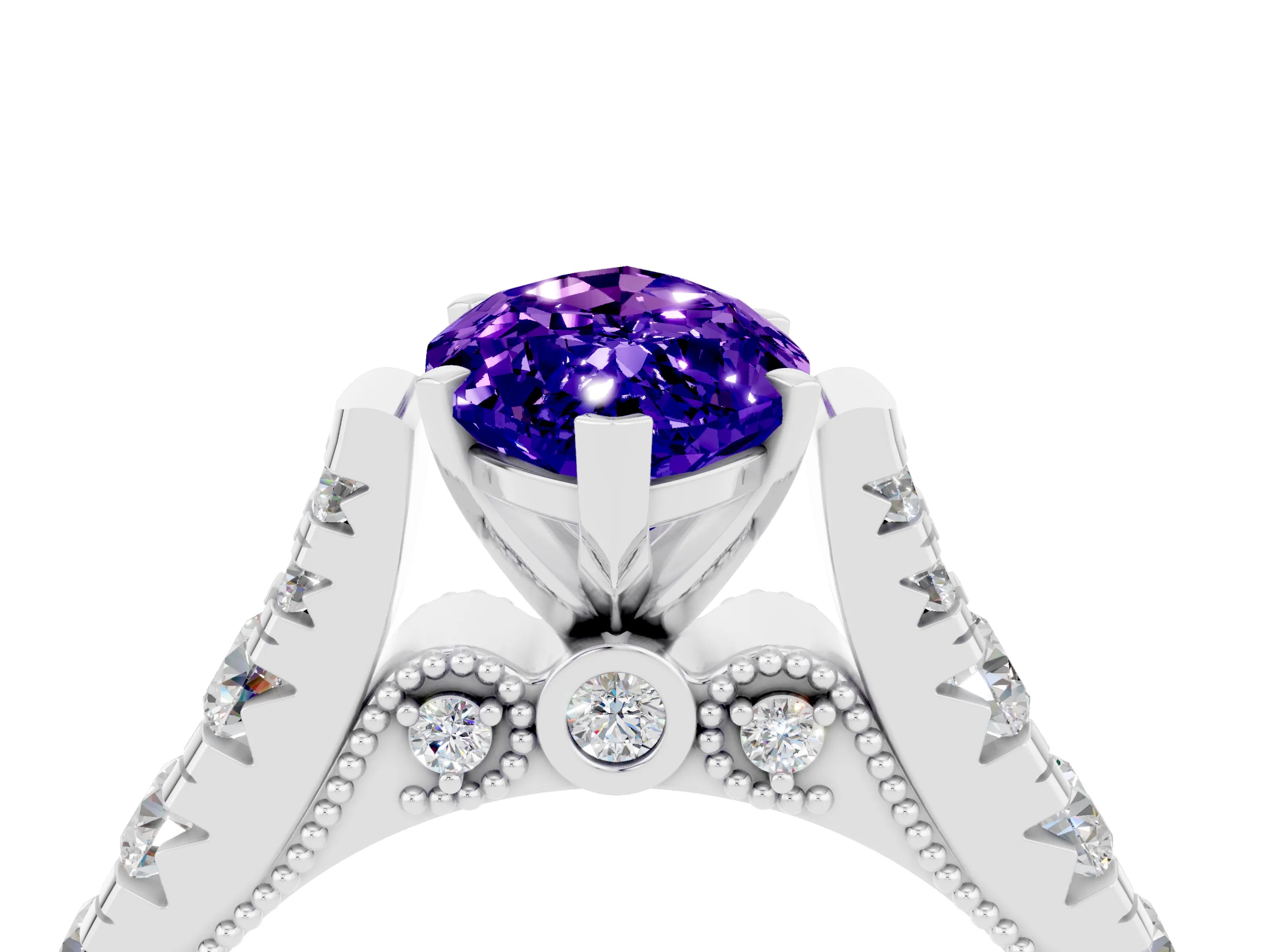 White gold Marquise Cut Tanzanite Classic Solitaire Ring with Pavé Band and Four-Prong Setting_4