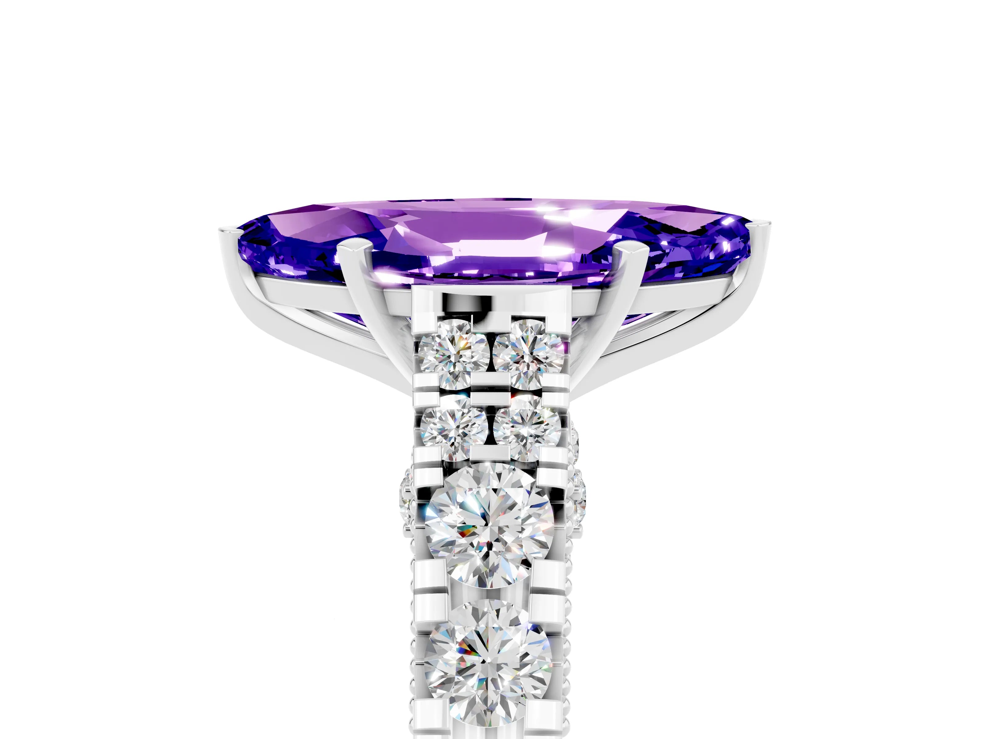 White gold Marquise Cut Tanzanite Classic Solitaire Ring with Pavé Band and Four-Prong Setting_5