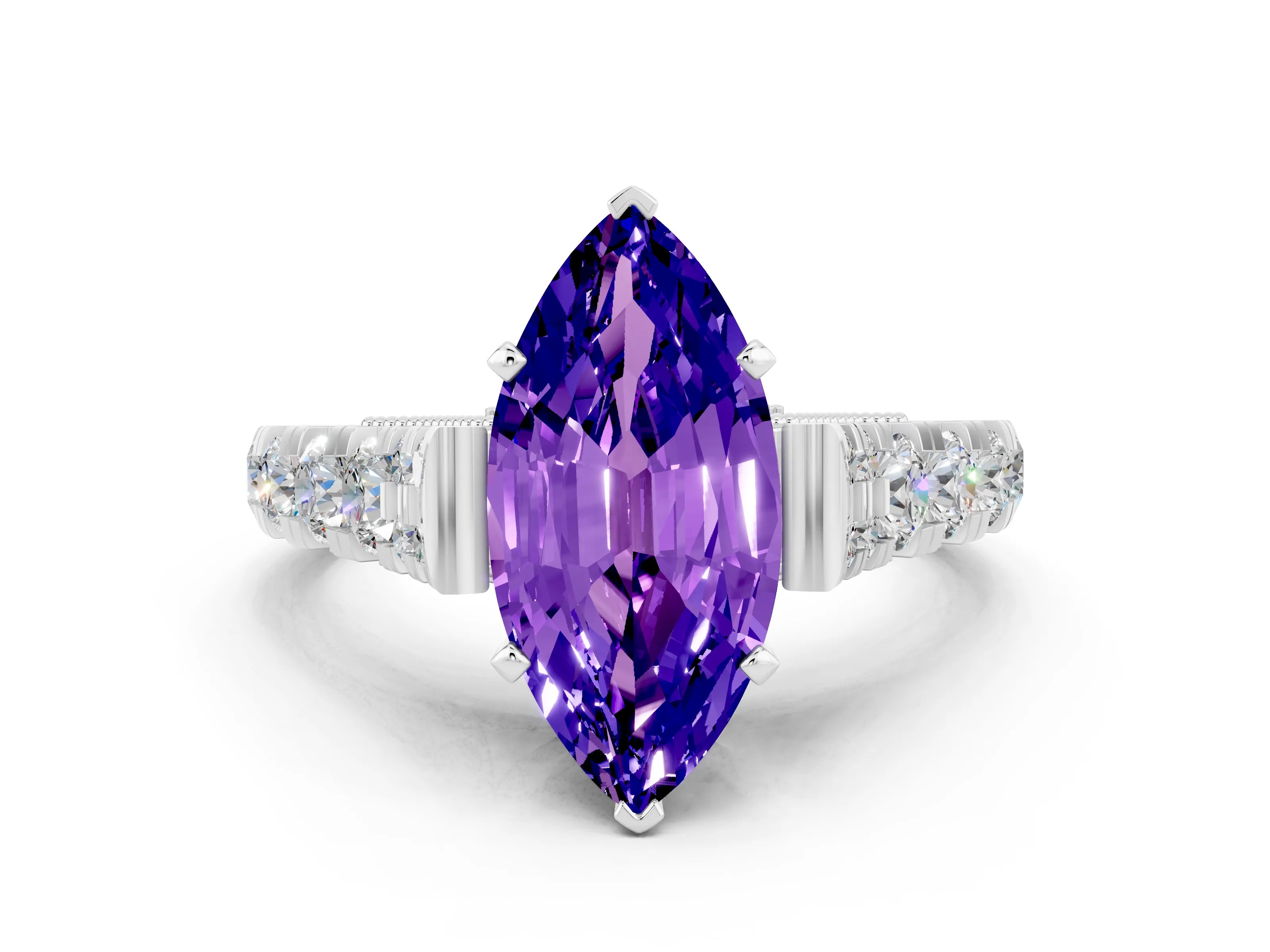 White gold Marquise Cut Tanzanite Classic Solitaire Ring with Pavé Band and Four-Prong Setting