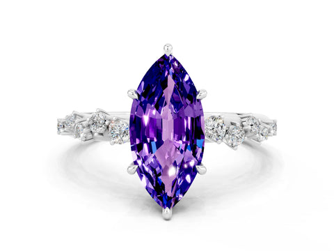 White gold Marquise Cut Tanzanite Cluster Side Stone Solitaire Ring with Prong Setting_24