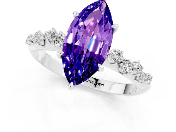 White gold Marquise Cut Tanzanite Cluster Side Stone Solitaire Ring with Prong Setting