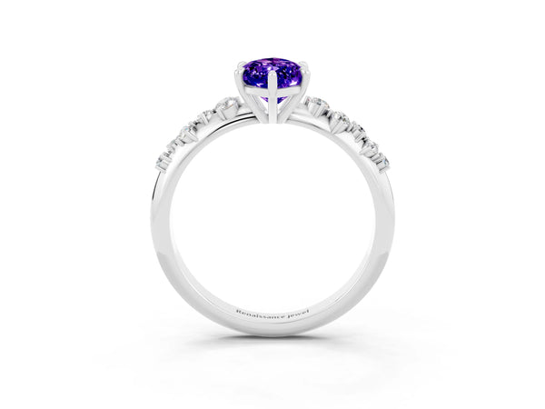 White gold Marquise Cut Tanzanite Cluster Side Stone Solitaire Ring with Prong Setting