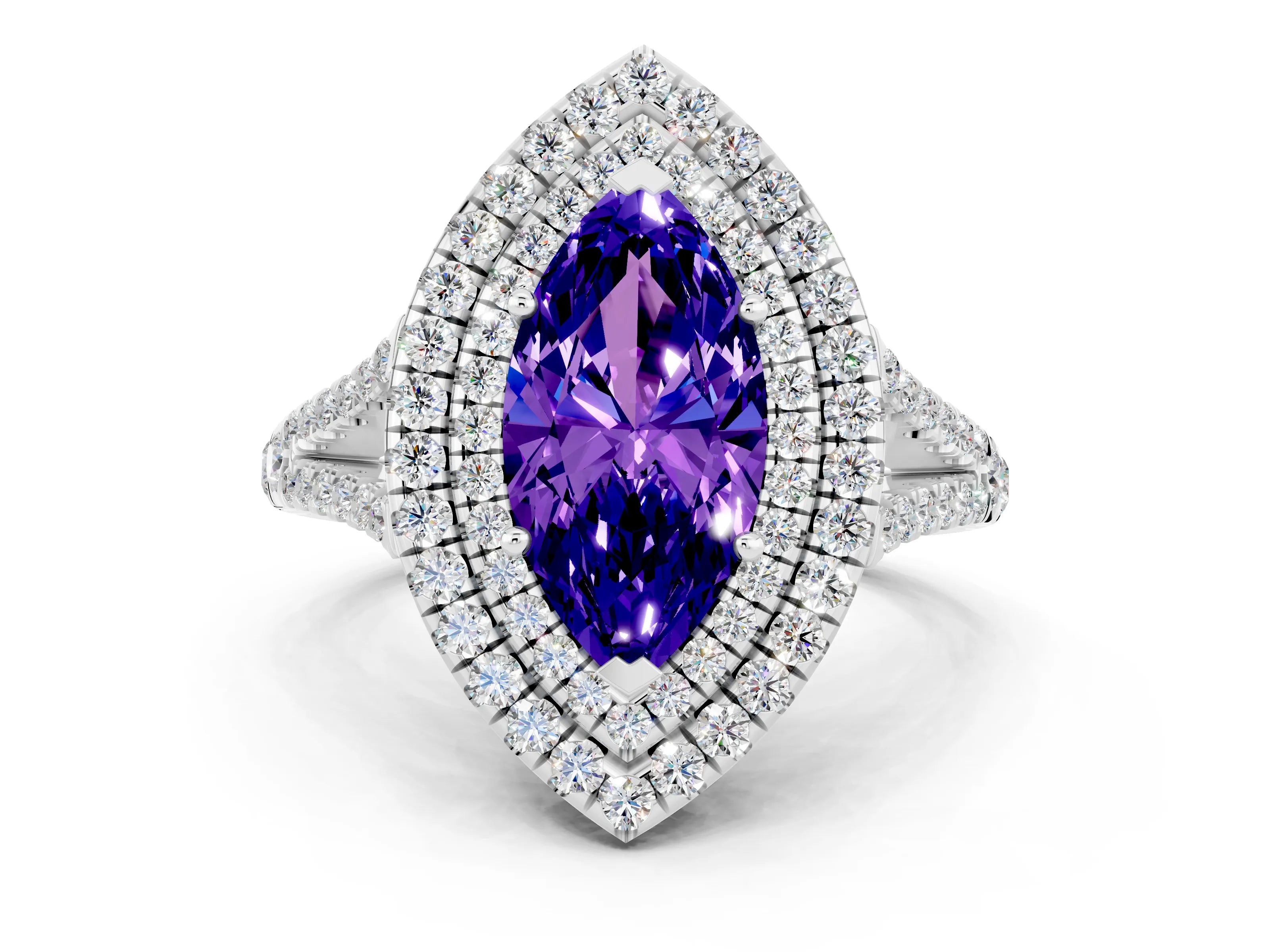 White gold Marquise Cut Tanzanite Double Halo Ring with Pavé Band and Prong Setting_12