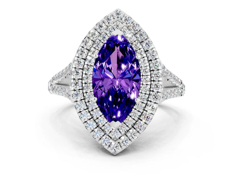 White gold Marquise Cut Tanzanite Double Halo Ring with Pavé Band and Prong Setting_12