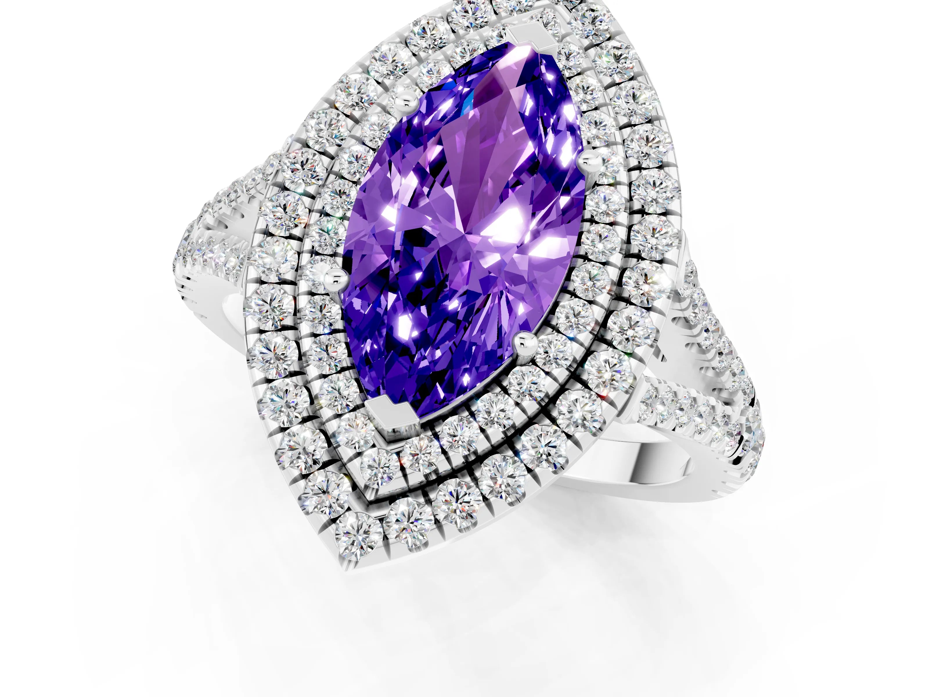 White gold Marquise Cut Tanzanite Double Halo Ring with Pavé Band and Prong Setting_13