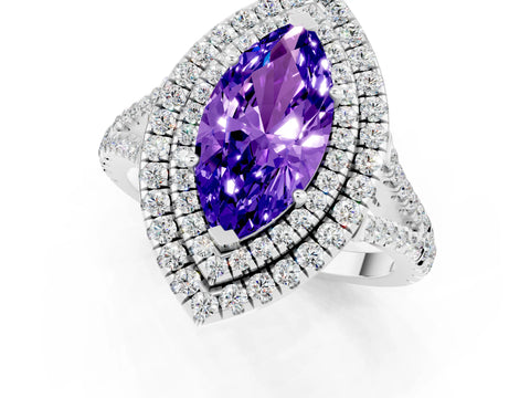 White gold Marquise Cut Tanzanite Double Halo Ring with Pavé Band and Prong Setting_13