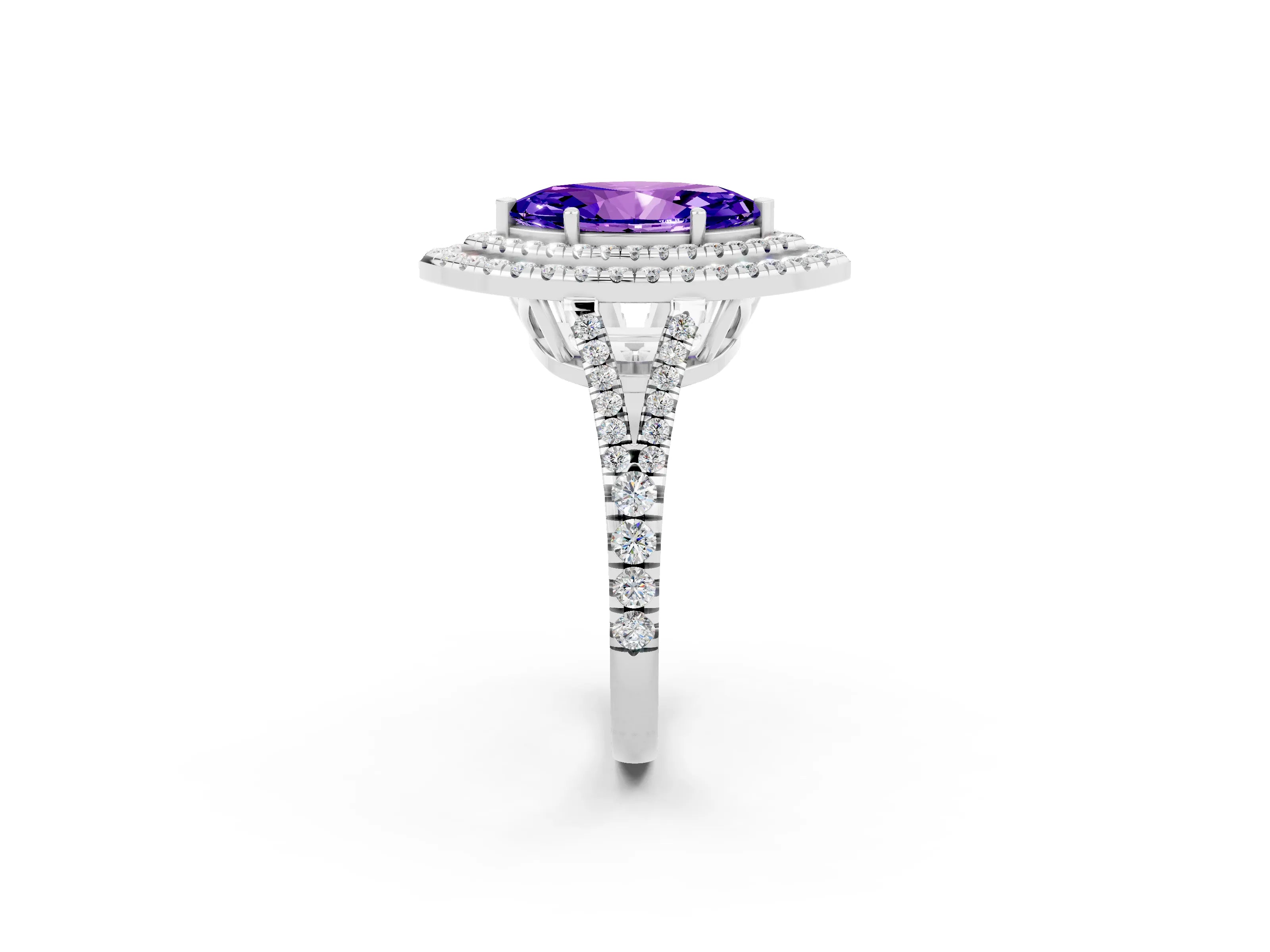 White gold Marquise Cut Tanzanite Double Halo Ring with Pavé Band and Prong Setting_14