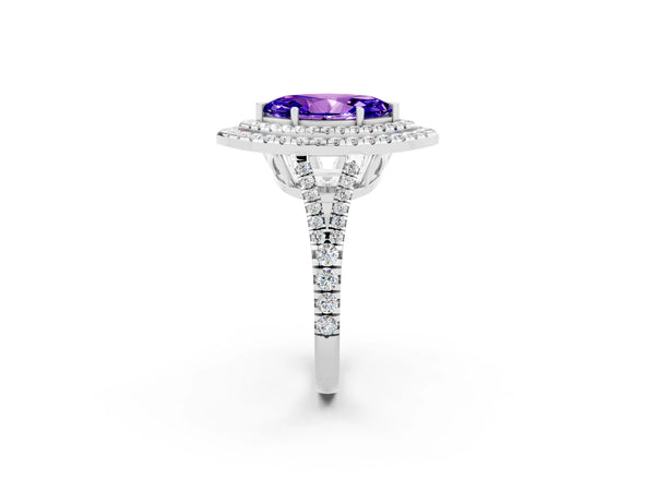 Platinum Marquise Cut Tanzanite Double Halo Ring with Pavé Band and Prong Setting