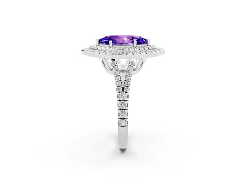 White gold Marquise Cut Tanzanite Double Halo Ring with Pavé Band and Prong Setting_14
