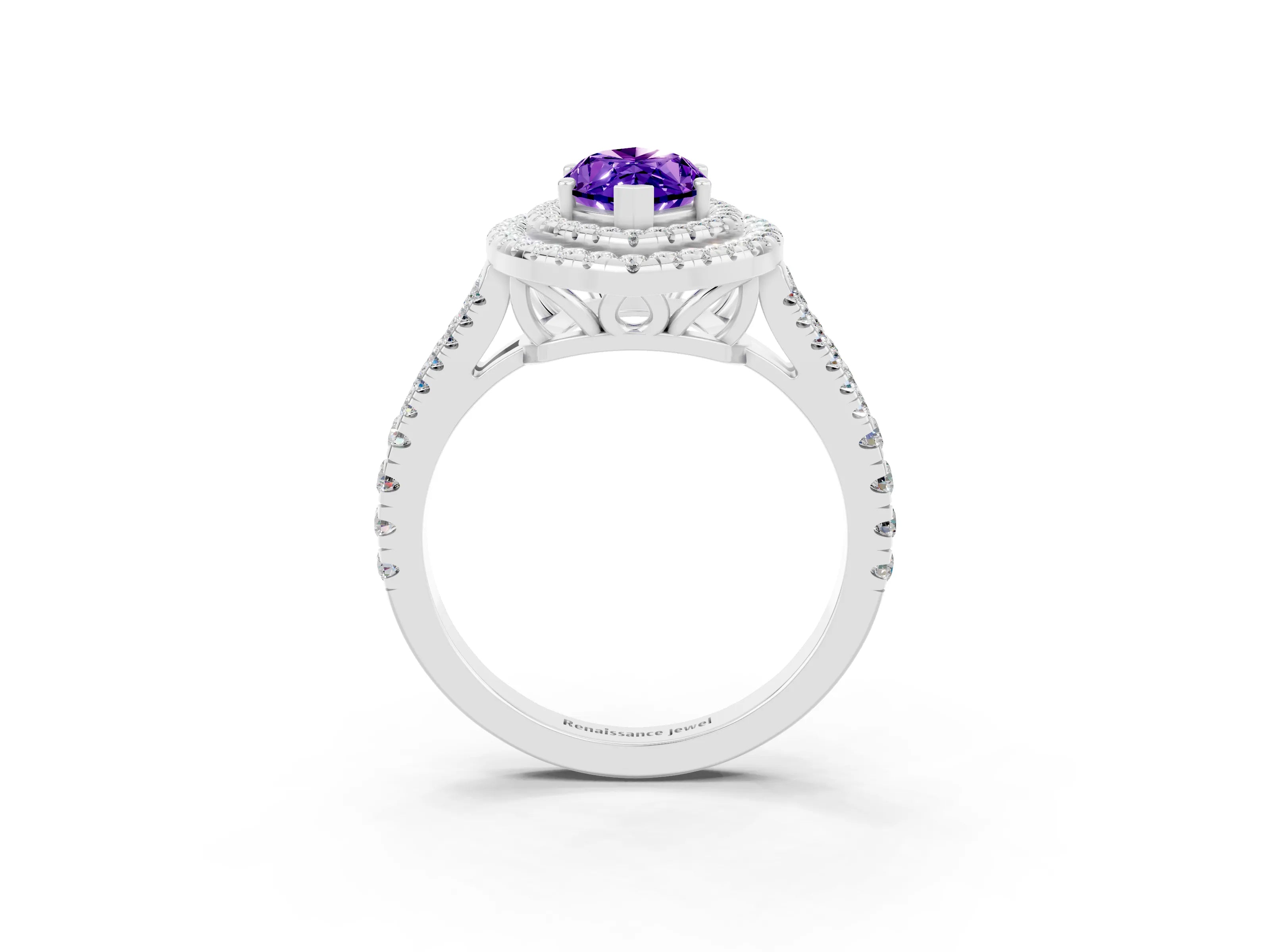 White gold Marquise Cut Tanzanite Double Halo Ring with Pavé Band and Prong Setting_15