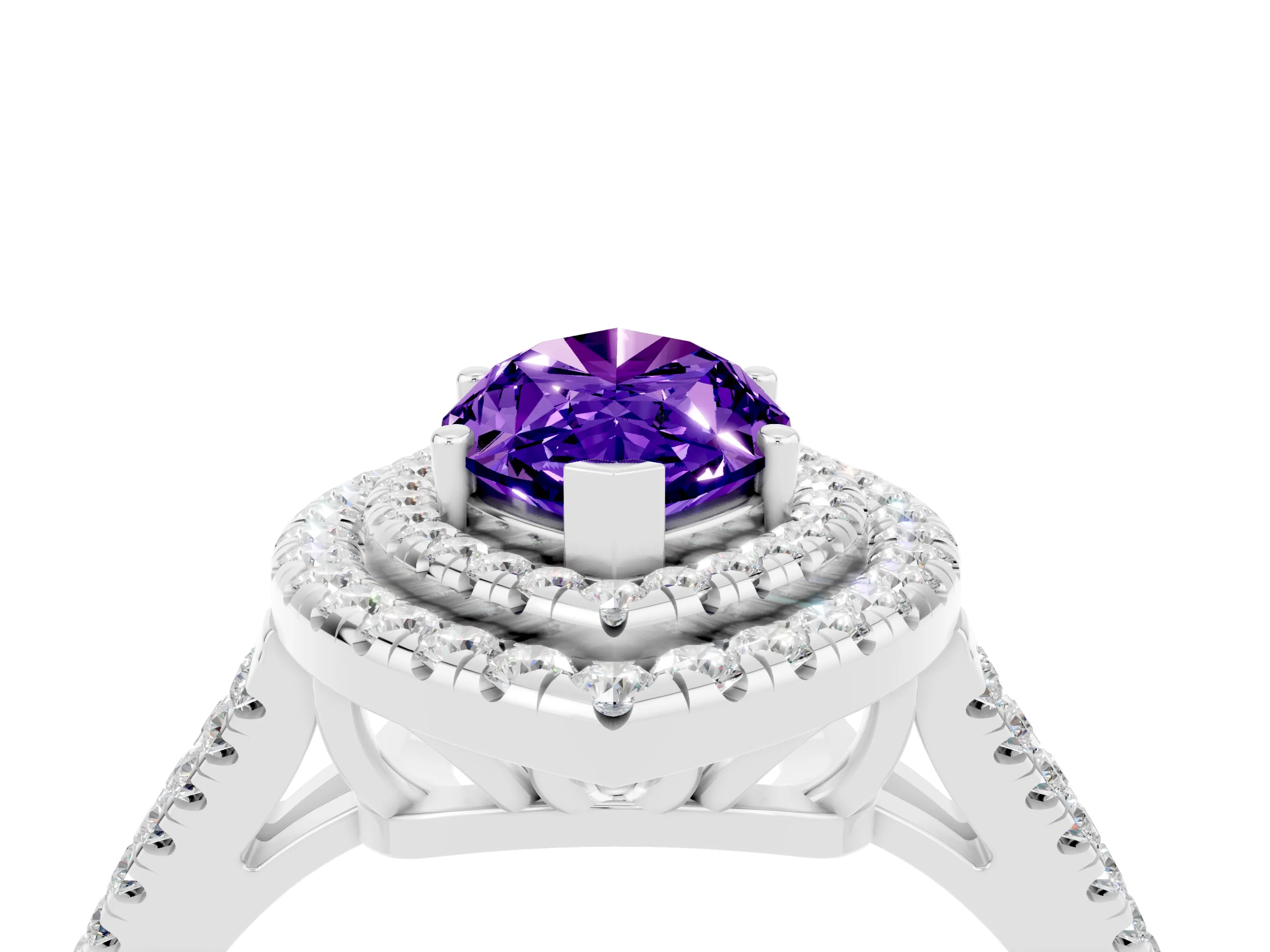 White gold Marquise Cut Tanzanite Double Halo Ring with Pavé Band and Prong Setting_16