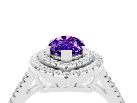 White gold Marquise Cut Tanzanite Double Halo Ring with Pavé Band and Prong Setting_16