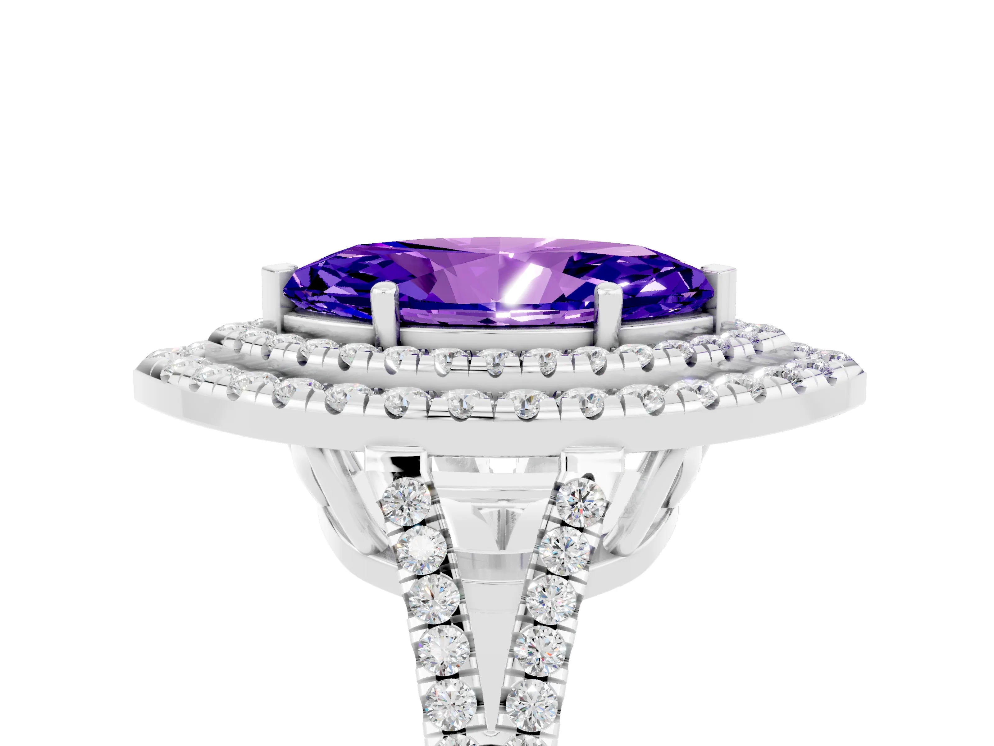 White gold Marquise Cut Tanzanite Double Halo Ring with Pavé Band and Prong Setting_17