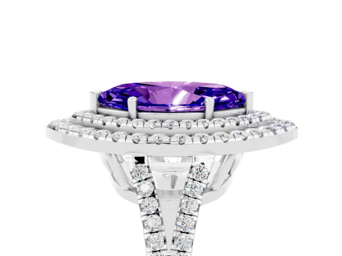 White gold Marquise Cut Tanzanite Double Halo Ring with Pavé Band and Prong Setting_17