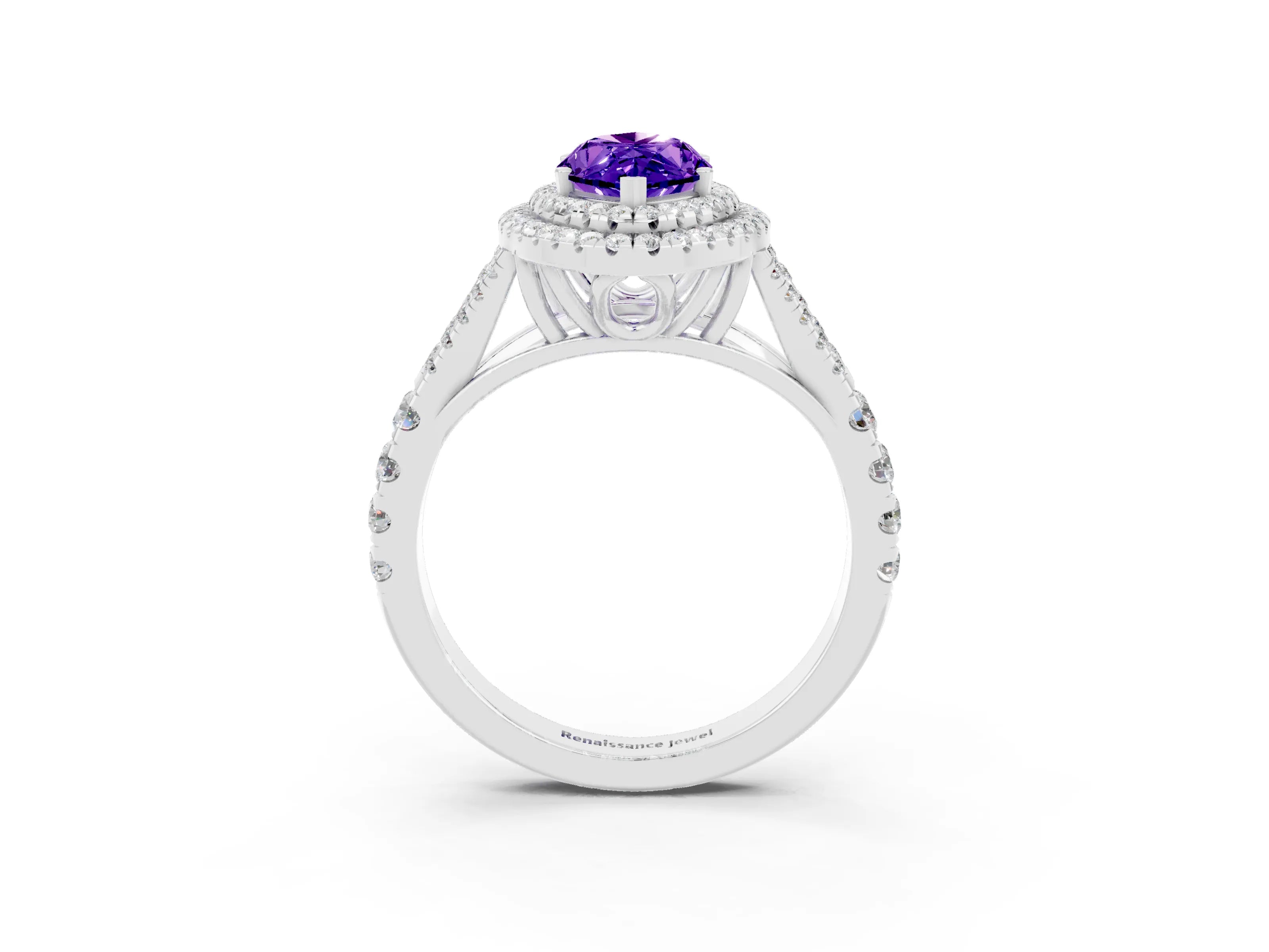 White gold Marquise Cut Tanzanite Double Halo Ring with Split Shank and Prong Setting_15