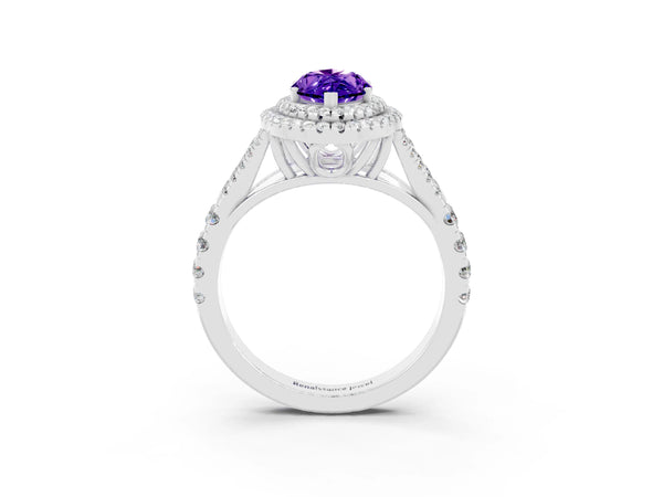 Silver Marquise Cut Tanzanite Double Halo Ring with Split Shank and Prong Setting