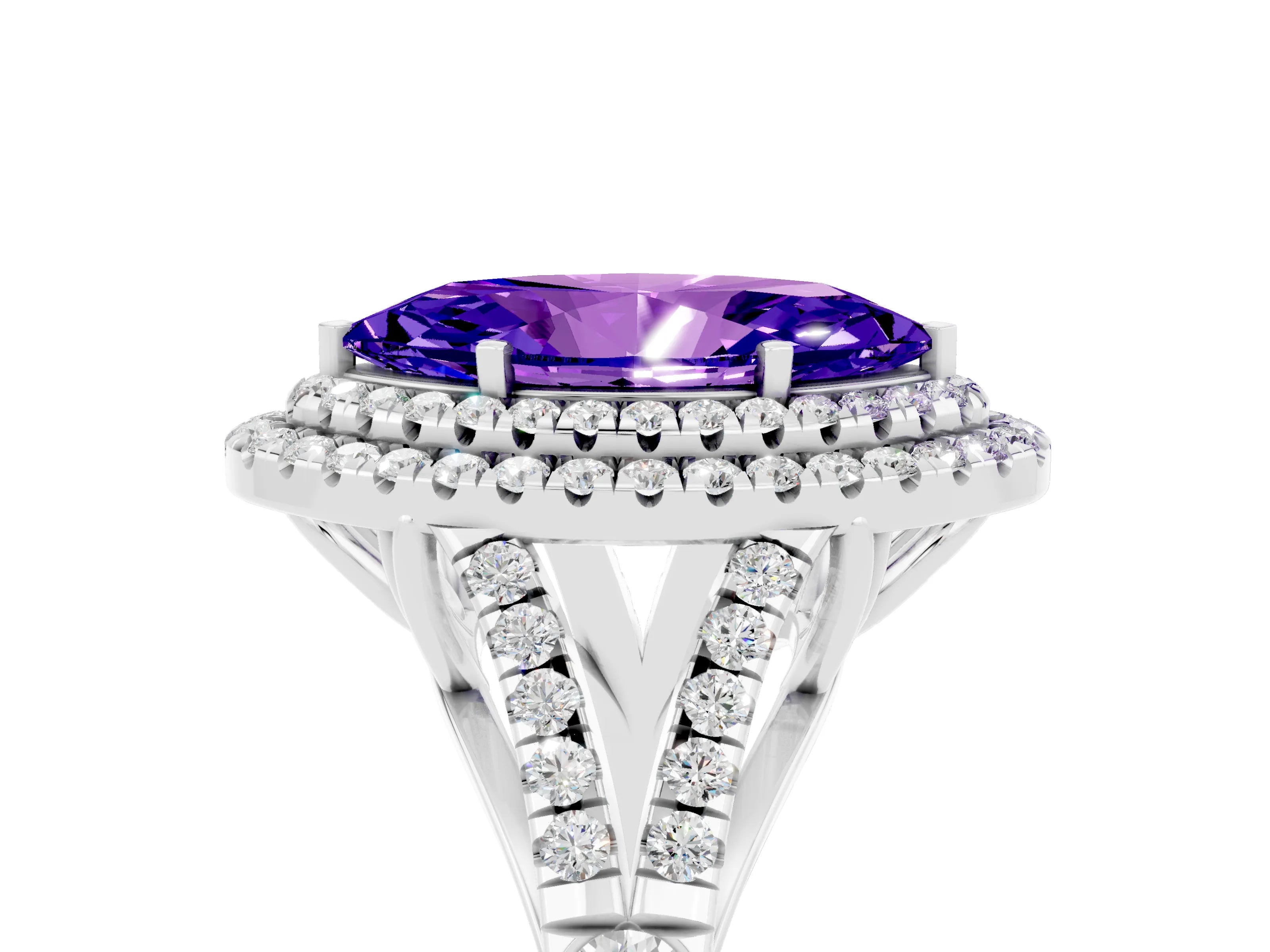 White gold Marquise Cut Tanzanite Double Halo Ring with Split Shank and Prong Setting_17
