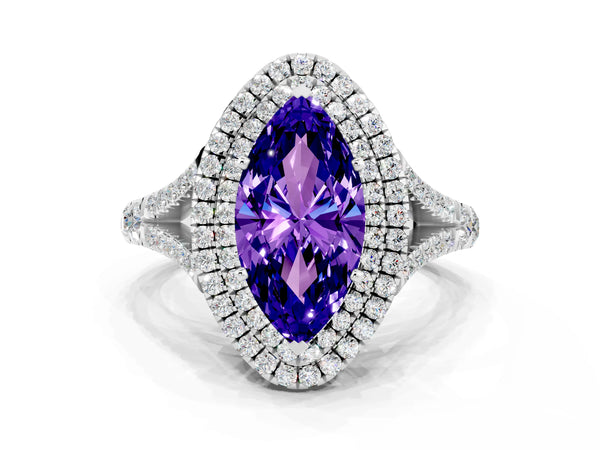 White gold Marquise Cut Tanzanite Double Halo Ring with Split Shank and Prong Setting