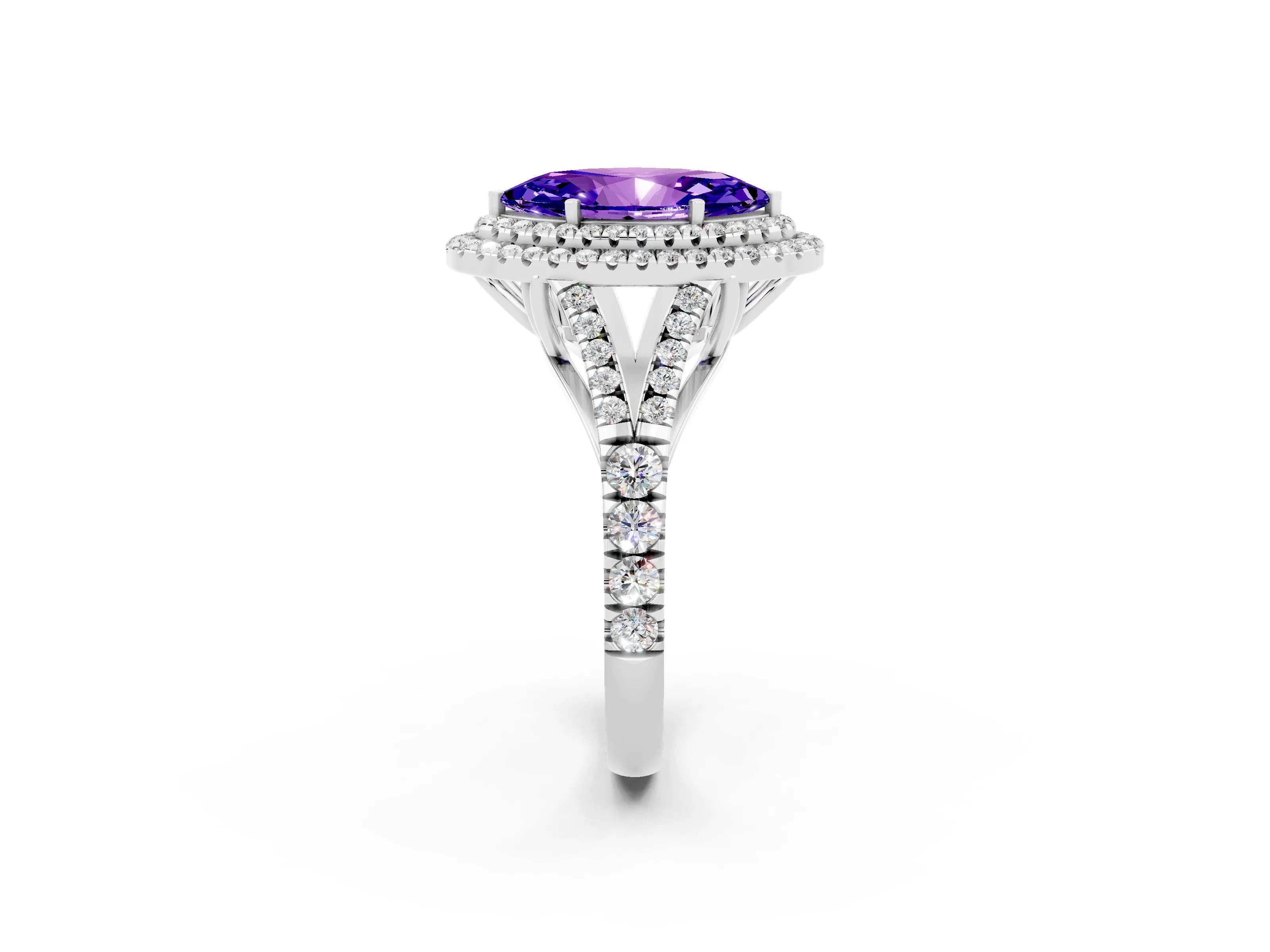 White gold Marquise Cut Tanzanite Double Halo Ring with Split Shank and Prong Setting_26