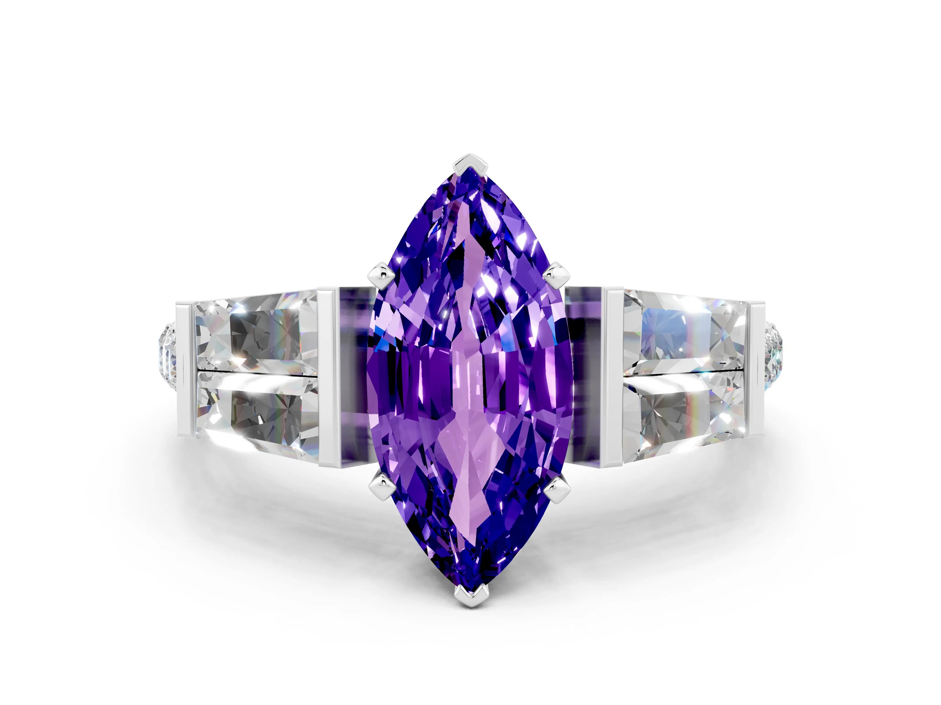 White gold Marquise Cut Tanzanite Engagement Ring with Baguette Side Stones and Channel Set Band