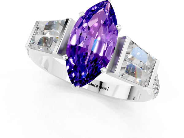 Platinum Marquise Cut Tanzanite Engagement Ring with Baguette Side Stones and Channel Set Band