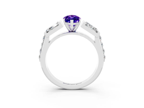 Platinum Marquise Cut Tanzanite Engagement Ring with Baguette Side Stones and Channel Set Band
