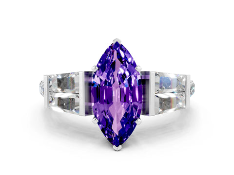 White gold Marquise Cut Tanzanite Engagement Ring with Baguette Side Stones and Channel Set Band