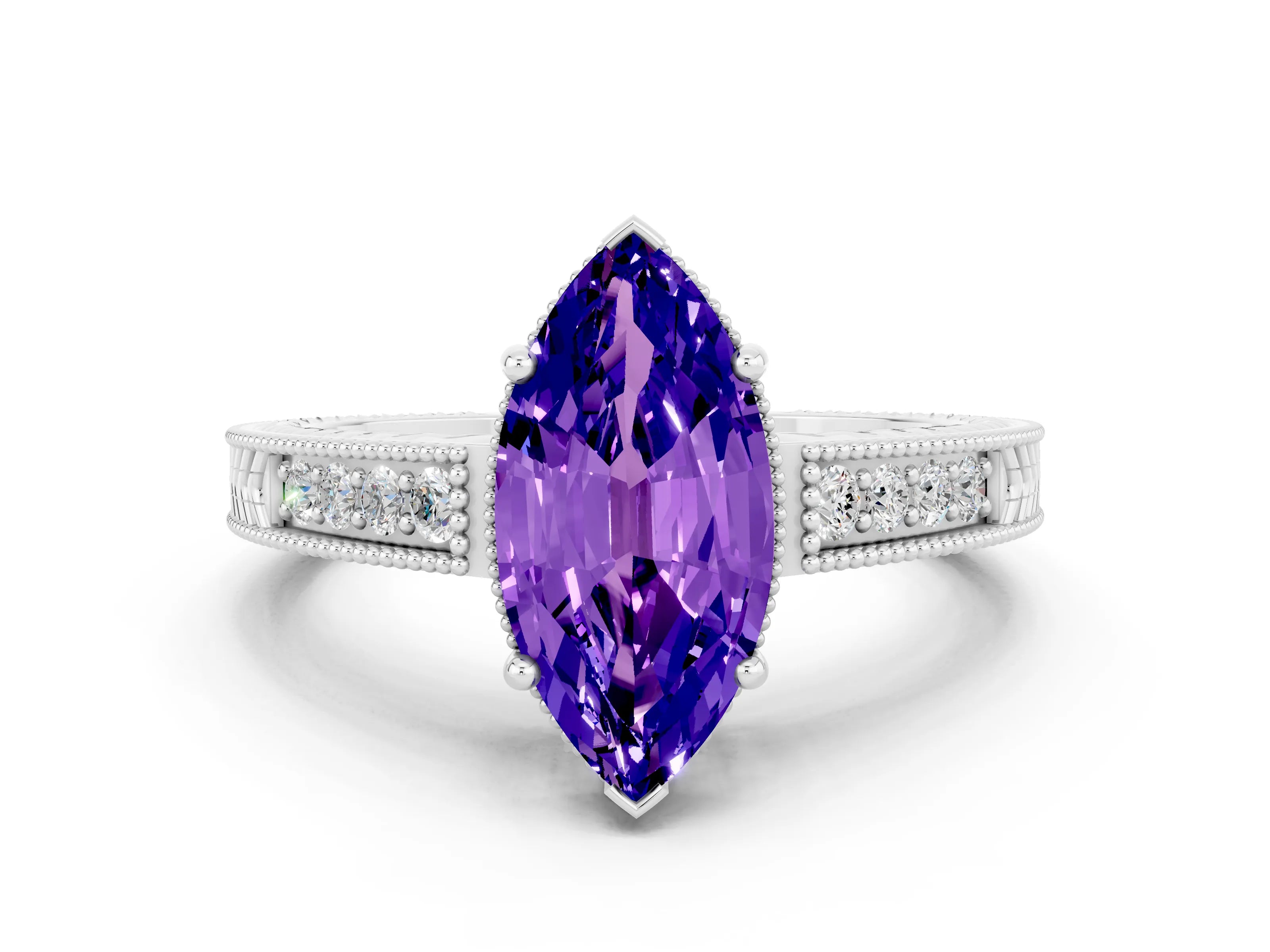 White gold Marquise Cut Tanzanite Engagement Ring with Milgrain Channel Set Band and Prong Setting