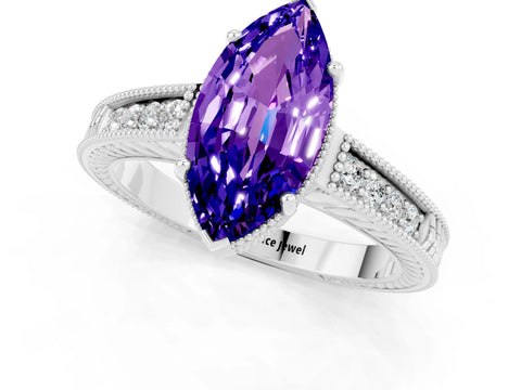 White gold Marquise Cut Tanzanite Engagement Ring with Milgrain Channel Set Band and Prong Setting_1