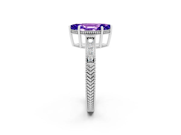 White gold Marquise Cut Tanzanite Engagement Ring with Milgrain Channel Set Band and Prong Setting