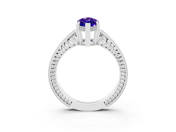 Platinum Marquise Cut Tanzanite Engagement Ring with Milgrain Channel Set Band and Prong Setting