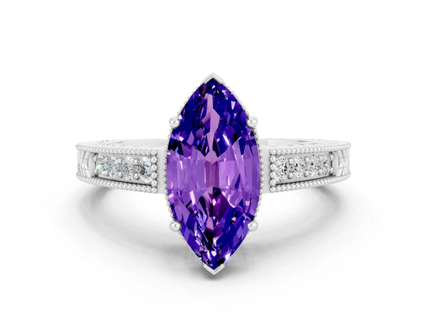 White gold Marquise Cut Tanzanite Engagement Ring with Milgrain Channel Set Band and Prong Setting