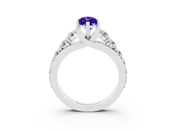 Platinum Marquise Cut Tanzanite Engagement Ring with Pavé Band and Four-Prong Setting