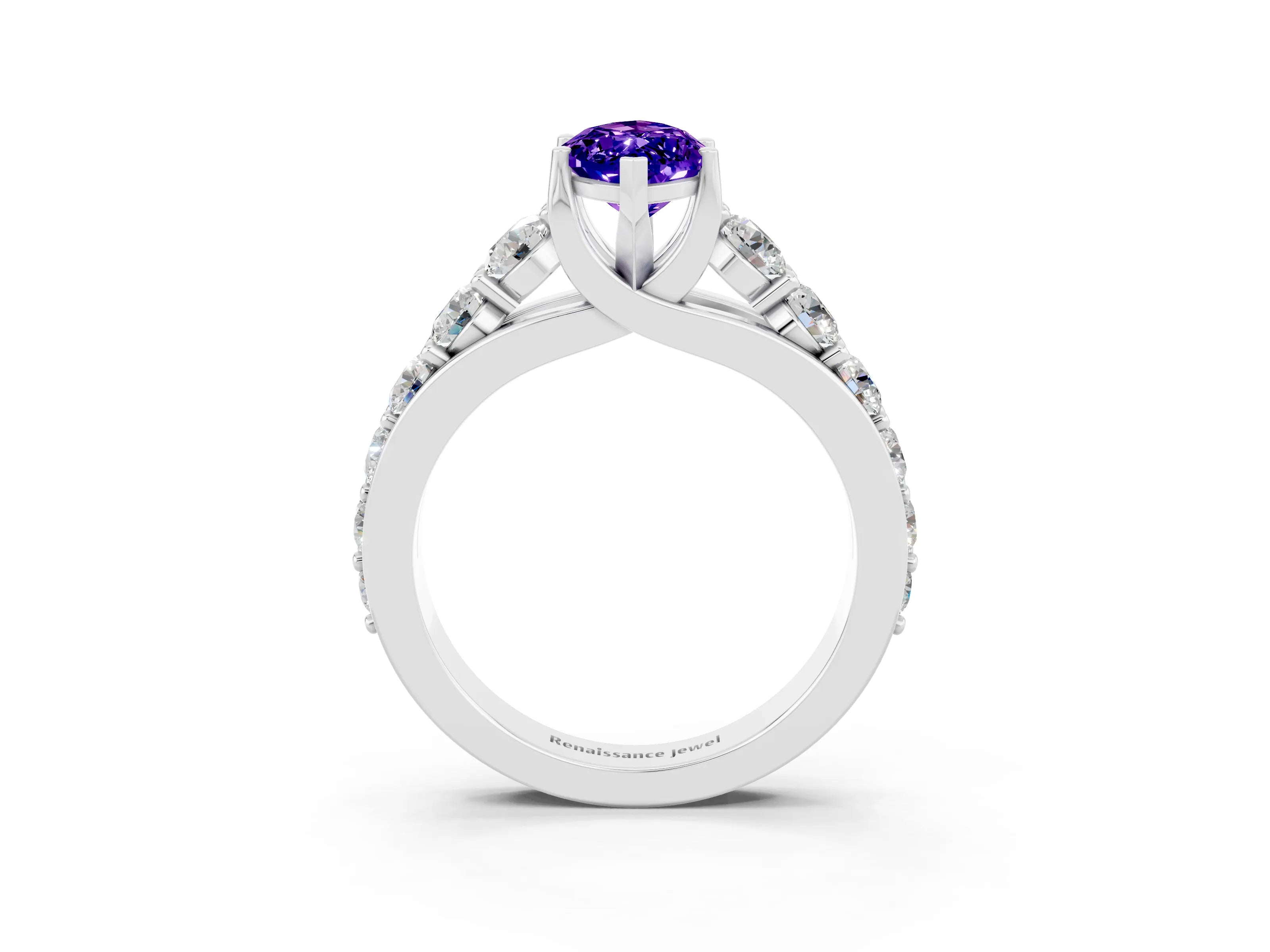 White gold Marquise Cut Tanzanite Engagement Ring with Pavé Band and Four-Prong Setting_3