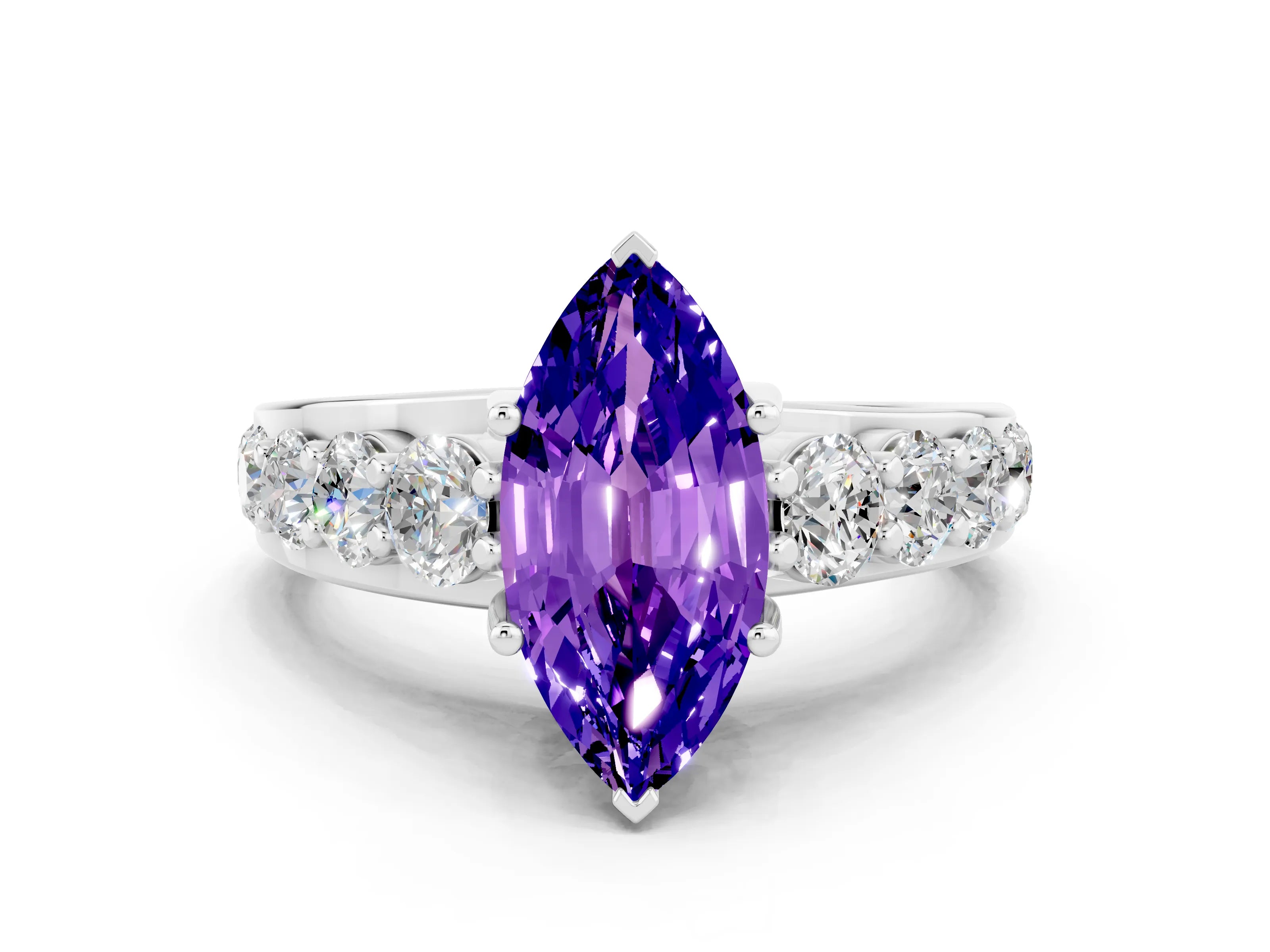 White gold Marquise Cut Tanzanite Engagement Ring with Pavé Band and Four-Prong Setting