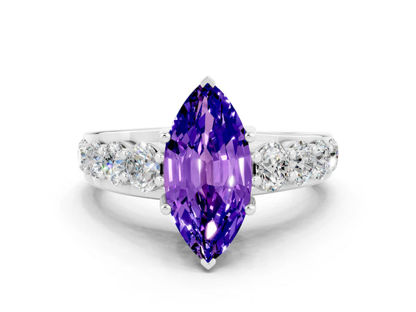 White gold Marquise Cut Tanzanite Engagement Ring with Pavé Band and Four-Prong Setting