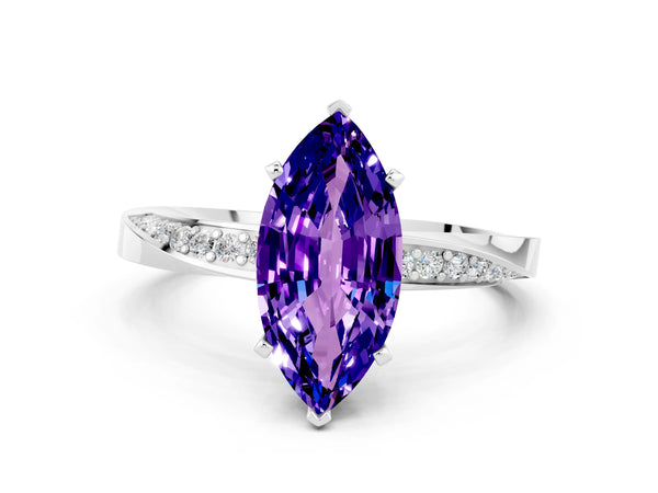 White gold Marquise Cut Tanzanite Engagement Ring with Side Stone Accents and Four-Prong Setting