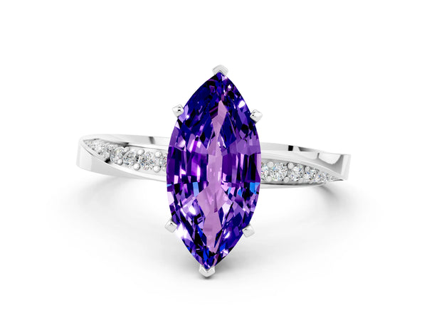 White gold Marquise Cut Tanzanite Engagement Ring with Side Stone Accents and Four-Prong Setting