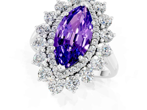 Silver Marquise Cut Tanzanite Floral Double Halo Engagement Ring with Prong Setting