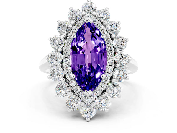 White gold Marquise Cut Tanzanite Floral Double Halo Engagement Ring with Prong Setting